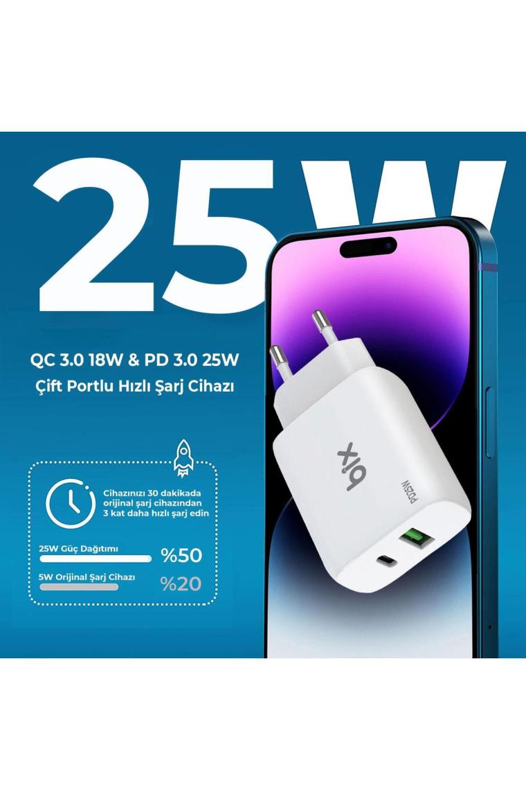 Bix ZH-2U41T 25W PD + USB 3.0 Çıkışlı iPad / iPhone / Android Uyumlu Çift Portlu Seyahat Adaptörü
