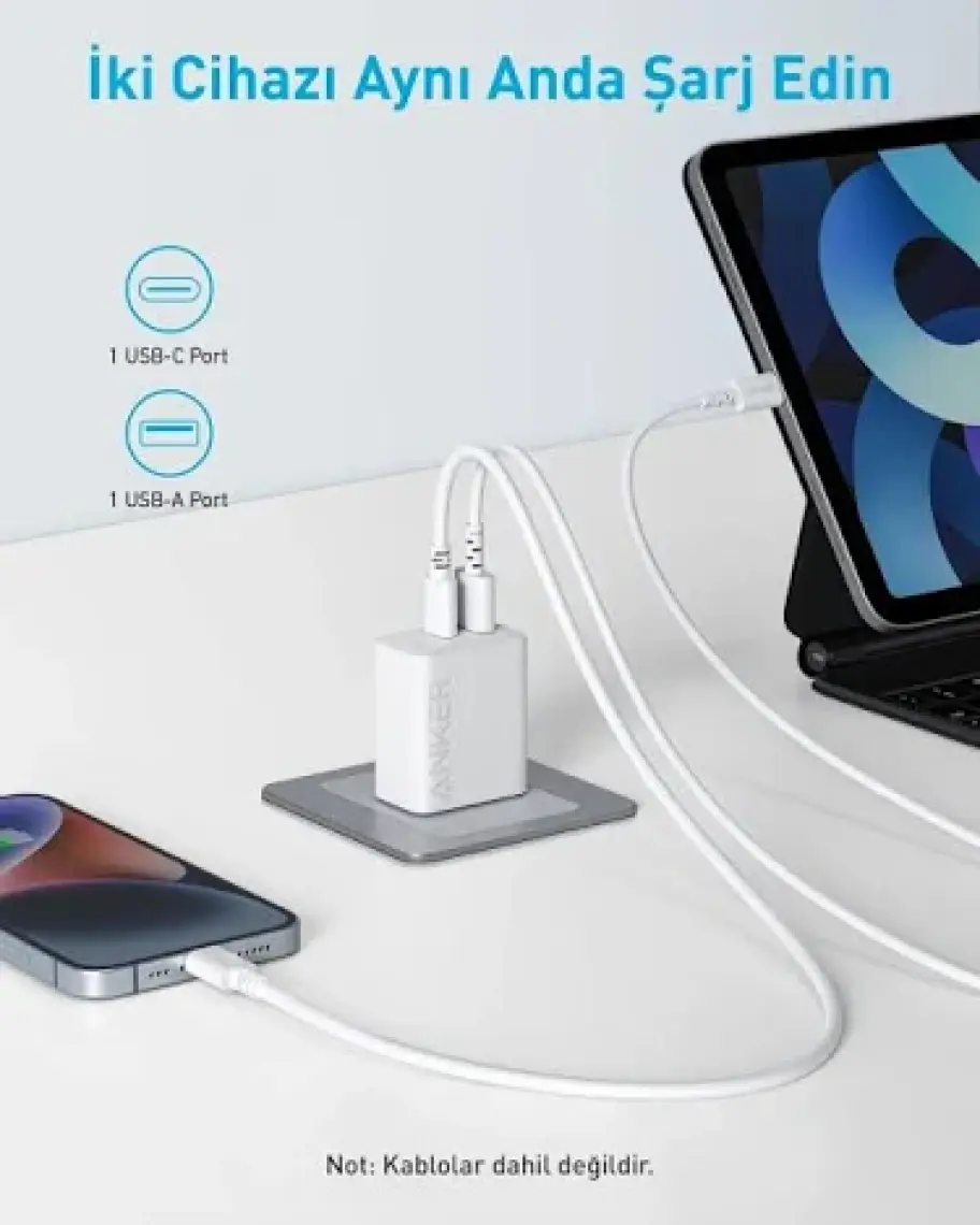 Anker 20W USB-C + USB-A Çift Portlu Şarj Cihazı - A2348 - Beyaz (Anker Türkiye Garantili)
