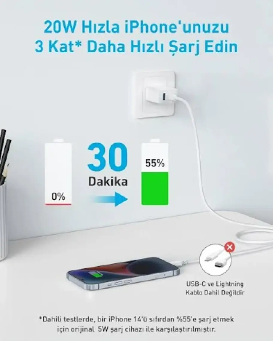 Anker 20W USB-C + USB-A Çift Portlu Şarj Cihazı - A2348 - Beyaz (Anker Türkiye Garantili)