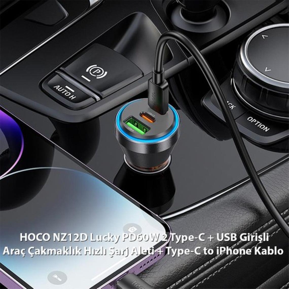 Hoco NZ12D Lucky PD60W 2 Type-C + USB Girişli Araç Çakmaklık Hızlı Şarj Aleti + Type-C To iPhone Lig