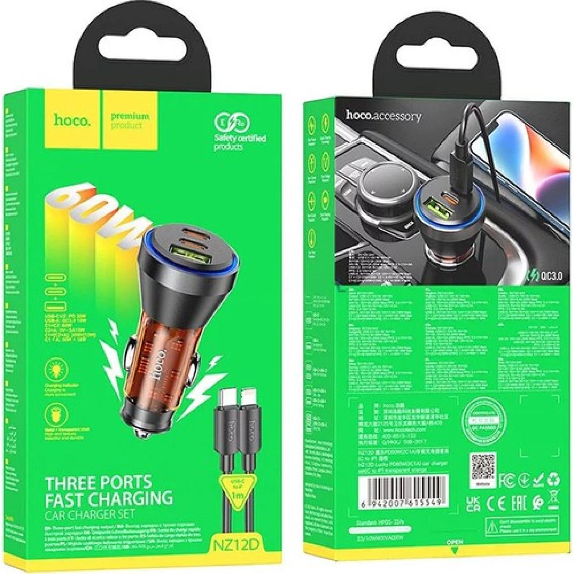 Hoco NZ12D Lucky PD60W 2 Type-C + USB Girişli Araç Çakmaklık Hızlı Şarj Aleti + Type-C To iPhone Lig