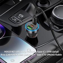 Hoco NZ12D Lucky PD60W 2 Type-C + USB Girişli Araç Çakmaklık Hızlı Şarj Aleti + Type-C To iPhone Lig