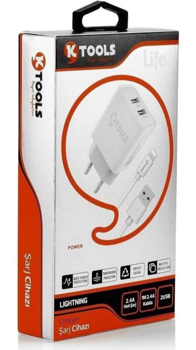 Ktools Life Çift Giriş Şarz Cihazı 2.4A 12W Hızlı Şarj Adaptör ve Lightning Kablo