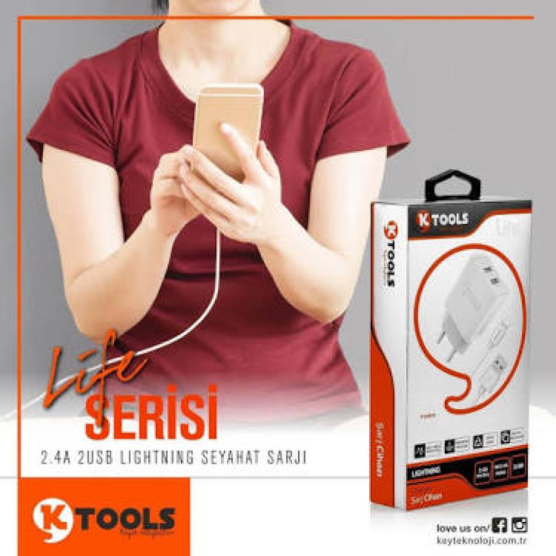 Ktools Life Çift Giriş Şarz Cihazı 2.4A 12W Hızlı Şarj Adaptör ve Lightning Kablo