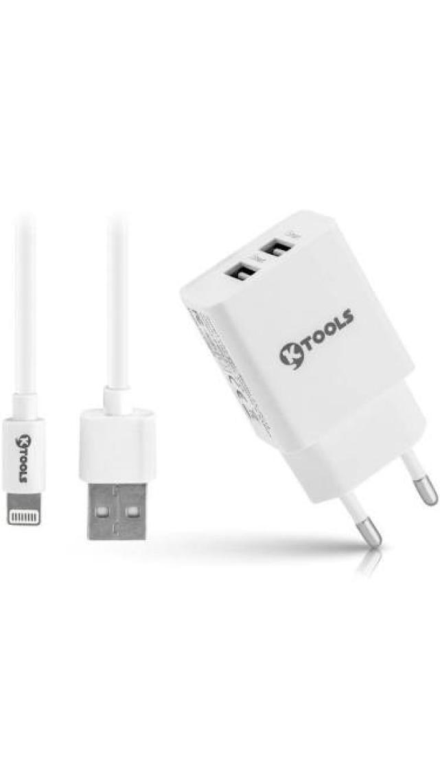 Ktools Life Çift Giriş Şarz Cihazı 2.4A 12W Hızlı Şarj Adaptör ve Lightning Kablo