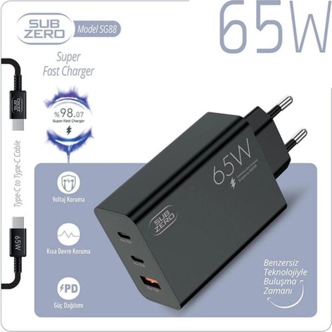 Subzero Universal Uyumlu 65W Usb+Pd+Pd ( 3 ) Girişli Süper Fast Type-C Şarj Aleti + Kablo ( Orginal Subzero)