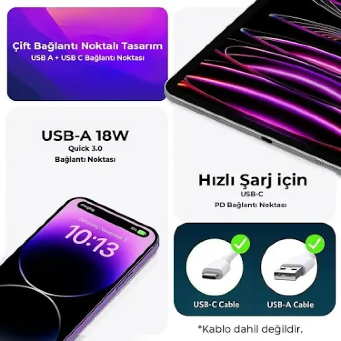Bix ZH-2U41T 25W PD + USB 3.0 Çıkışlı iPad / iPhone / Android Uyumlu Çift Portlu Seyahat Adaptörü