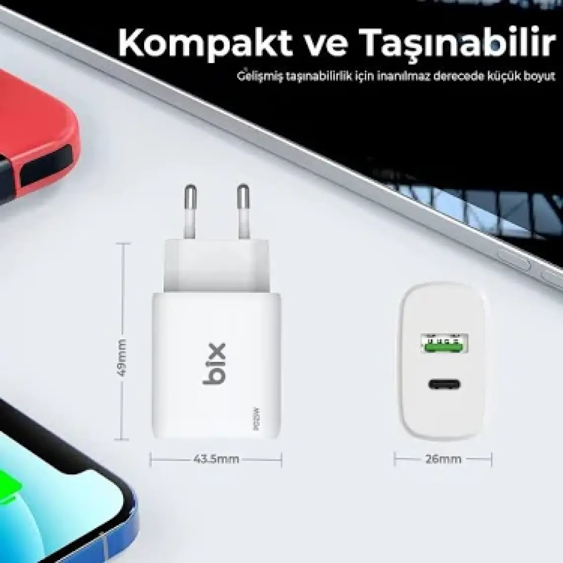 Bix ZH-2U41T 25W PD + USB 3.0 Çıkışlı iPad / iPhone / Android Uyumlu Çift Portlu Seyahat Adaptörü