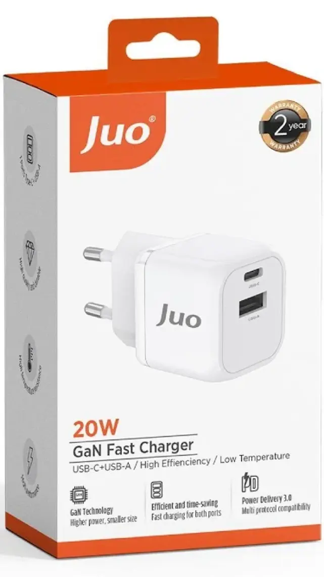 Juo 20W Gan Usb-C + Usb-A Şarj Aleti iPhone & iPad & Android Uyumlu Pd Qc4.0 Type-C Hızlı Şarj Cihazı Beyaz