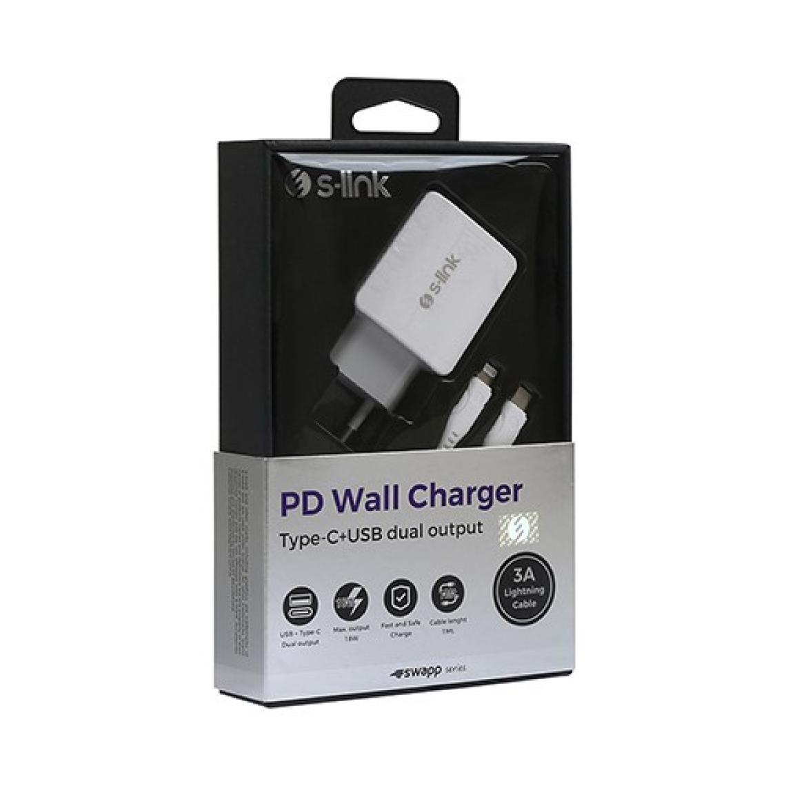S-Link Swapp SW-C1110X 1 x USB + 1 x Type-C 18W PD Kablo Hızlı Beyaz Ev Şarj Adaptör