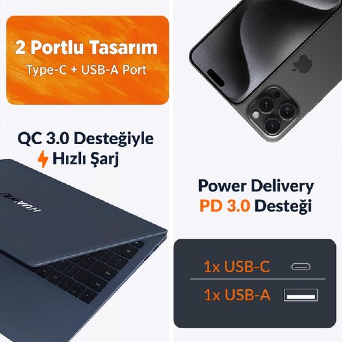 Juo 45W Gan Usb-C + Usb-A Şarj Aleti iPhone & iPad & Macbook & Samsung Uyumlu Pd Type-C Hızlı Şarj Cihazı Beyaz