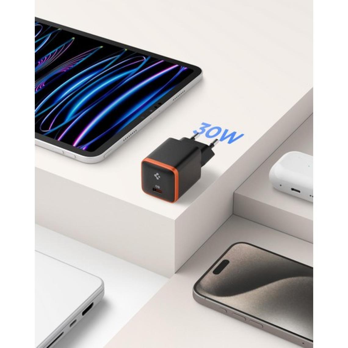 Spigen 30W USB-C Ultra Mini Hızlı Şarj Aleti Samsung PPS / Isı Düşürücü GaN Destekli Akım Korumalı Güç Adaptörü iPhone & Android & iPad & MacBook Type-C Black- ACH08448