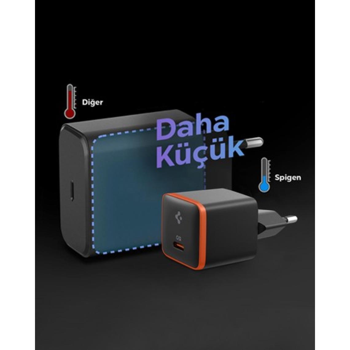 Spigen 30W USB-C Ultra Mini Hızlı Şarj Aleti Samsung PPS / Isı Düşürücü GaN Destekli Akım Korumalı Güç Adaptörü iPhone & Android & iPad & MacBook Type-C Black- ACH08448