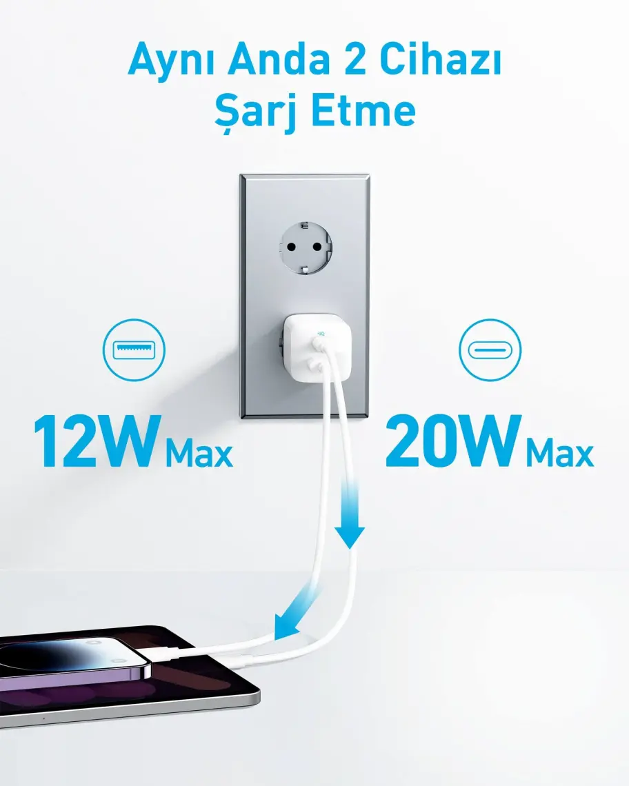 Anker 323 33W USB-C + USB-A Hızlı Şarj Cihazı -(USB-C PD 20W + USB-A 12W) iPhone & Android ile Uyumlu Type-C Hızlı Şarj Adaptörü - A2331 - Beyaz (Anker Türkiye Garantili)