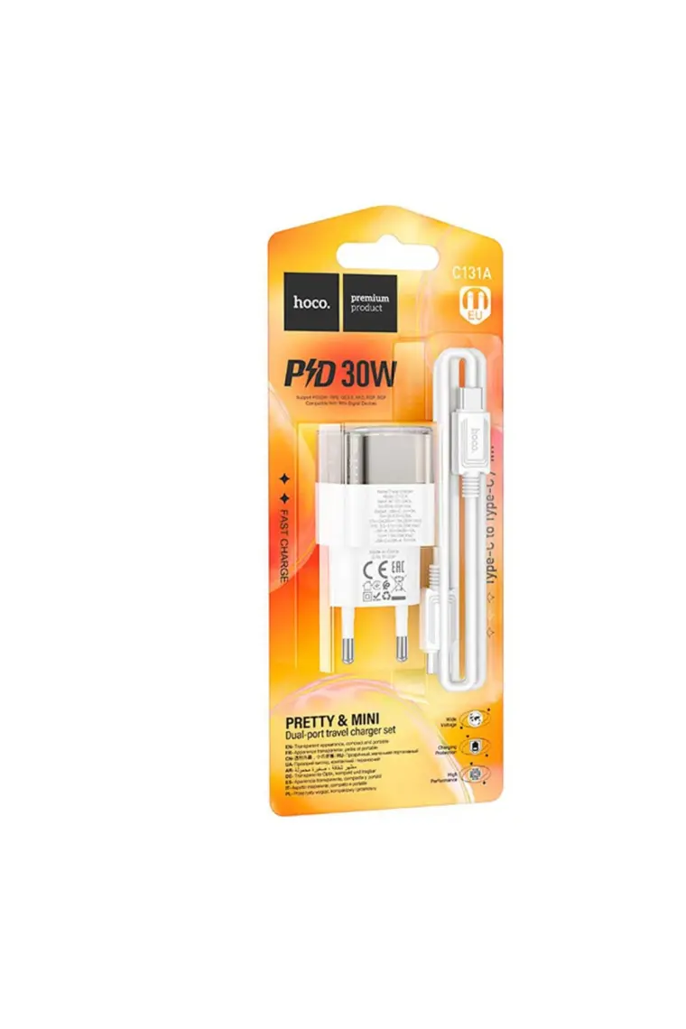 Hoco C131A Platinum PD30W+QC3.0 Girişli Hızlı Şarj Başlığı ve Type-C To Type-C Kablo