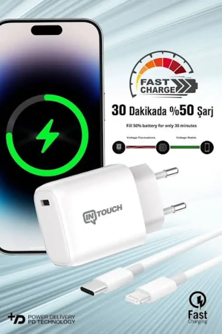 Intouch Smarty Pd 25 W Type-C To Lightning Kablolu Seyahat Şarj Adaptörü Beyaz (Apple iPhone Modelleri İçin Uygundur.)