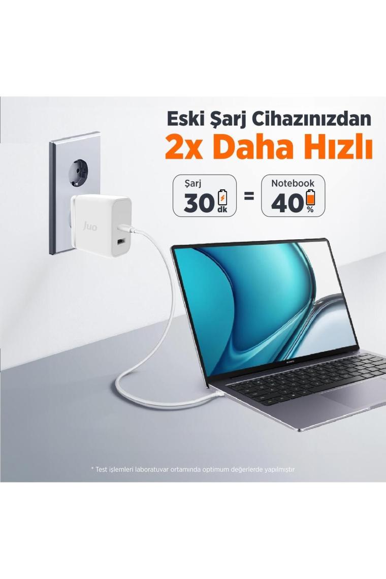 Juo 65W Gan Usb-C + Usb-A Şarj Aleti iPhone & iPad & Macbook & Notebook Uyumlu Pd Type-C Hızlı Şarj Cihazı Beyaz