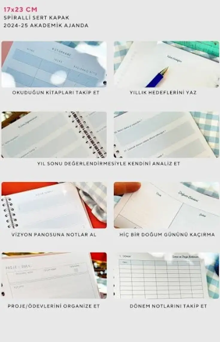 Victoria's Journals Spiralli Sert Kapak Akademik Ajanda 2024-2025 Lastikli 17X23 cm 100 Gram 192 Sayfa 124-1270