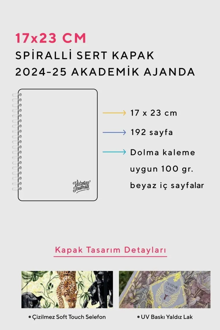 Victoria's Journals Spiralli Sert Kapak Akademik Ajanda 2024-2025 Lastikli 17X23 cm 100 Gram 192 Sayfa 124-1271