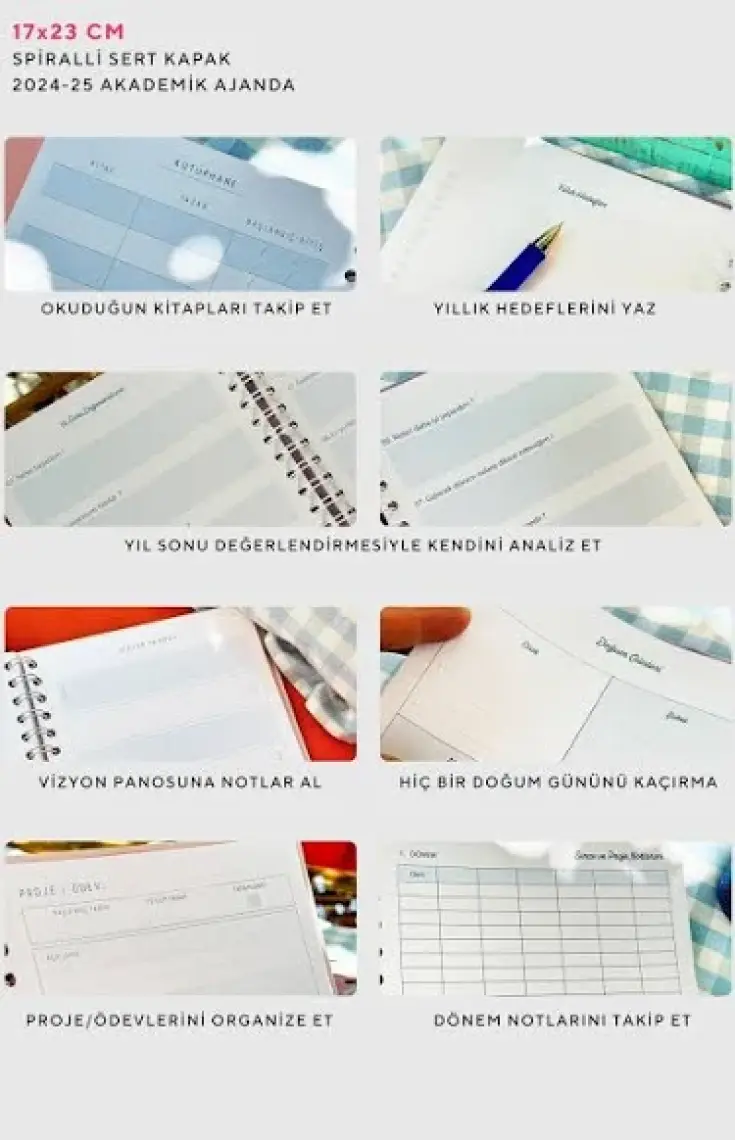Victoria's Journals Spiralli Sert Kapak Akademik Ajanda 2024-2025 Lastikli 17X23 cm 100 Gram 192 Sayfa 124-1272
