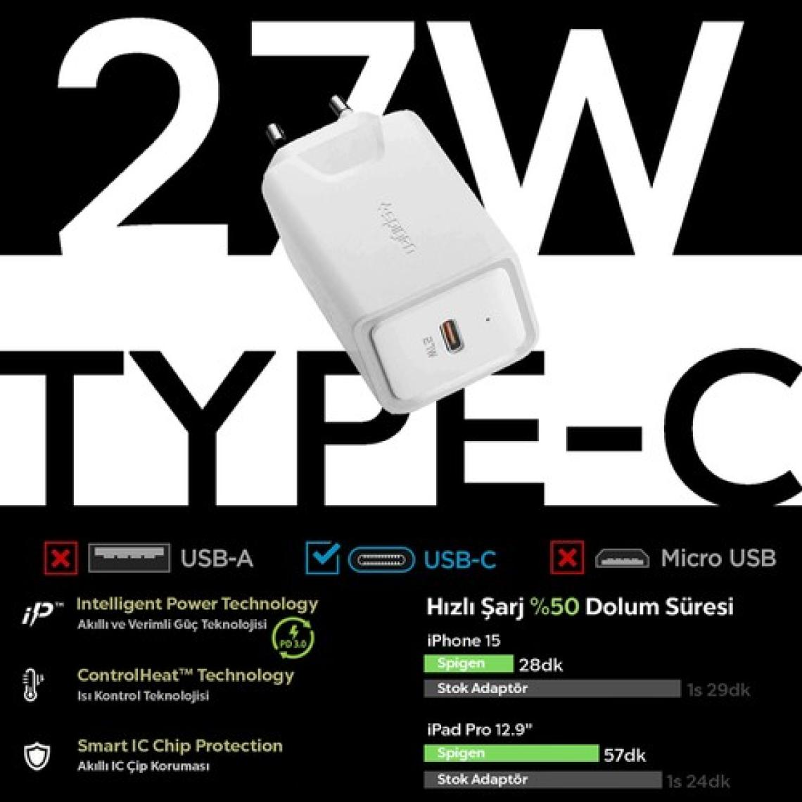Spigen SteadiBoost 27W Hızlı Şarj Cihazı USB-C PD 3.0 (Power Delivery) iPhone Android ile Uyumlu Şarj Adaptörü F210 - 000CA26477
