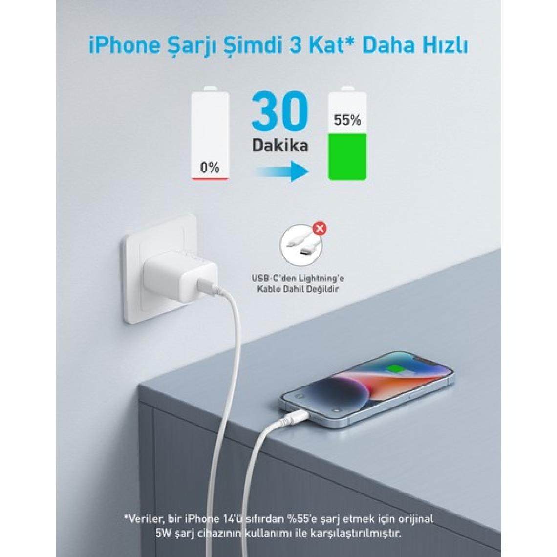 Anker 20W USB-C Şarj Cihazı - iPhone & Android ile Uyumlu Type-C Hızlı Şarj Adaptörü-  A2347 - Beyaz (Anker Türkiye Garantili)