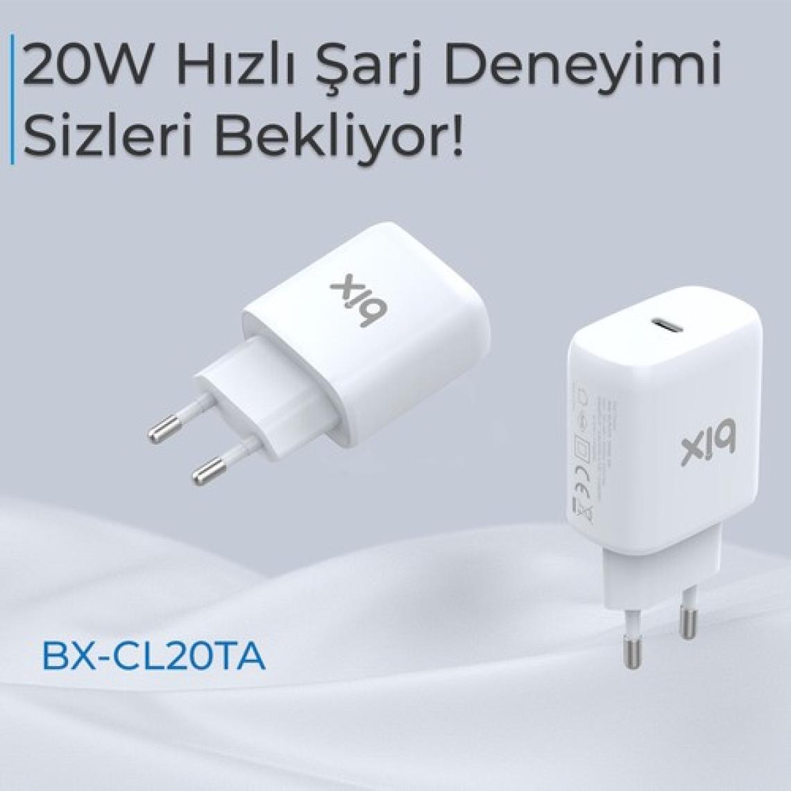 Bix BX-CL20TA iPhone 12 / 13 / 14 Serisi ile Uyumlu 20W Hızlı Seyahat Şarj Cihazı & Lightning Kablo