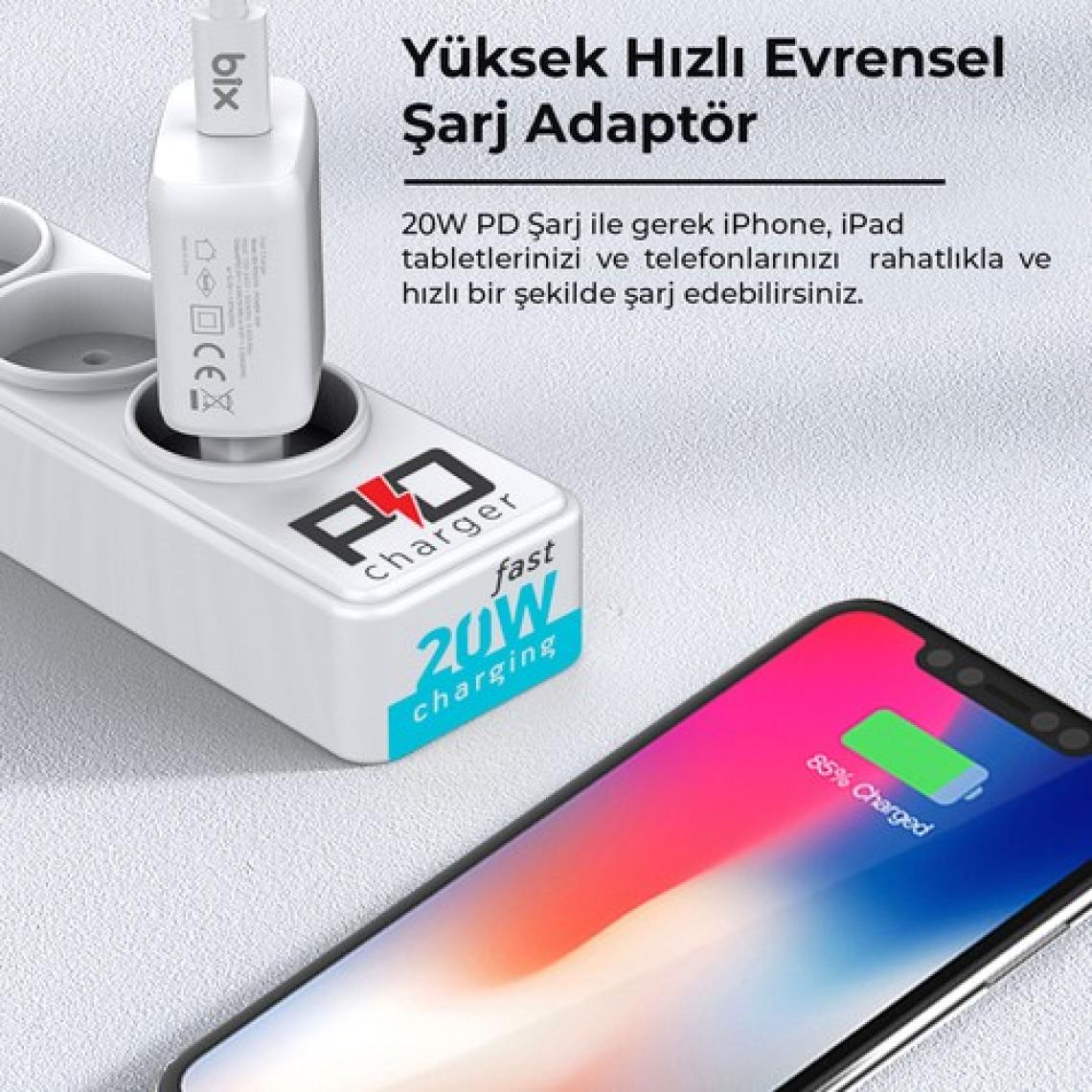 Bix BX-CL20TA iPhone 12 / 13 / 14 Serisi ile Uyumlu 20W Hızlı Seyahat Şarj Cihazı & Lightning Kablo
