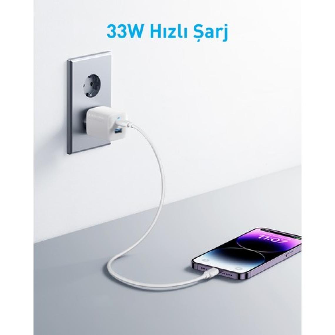 Anker 323 33W USB-C + USB-A Hızlı Şarj Cihazı -(USB-C PD 20W + USB-A 12W) iPhone & Android ile Uyumlu Type-C Hızlı Şarj Adaptörü - A2331 - Beyaz (Anker Türkiye Garantili)