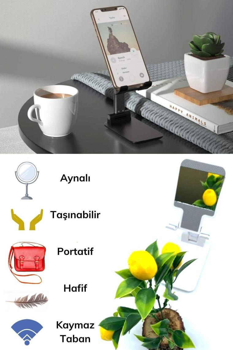 Buffer Buffer® Siyah Aynalı Cep Telefonu Sabitleyici Stand Katlanabilir Ayarlanabilir Telefon Standı