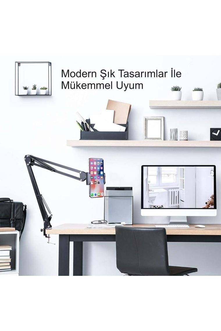 Esnek Metal Uzun Kollu Telefon Tablet Tutucu Teleskopik 360 Derece Hareketli