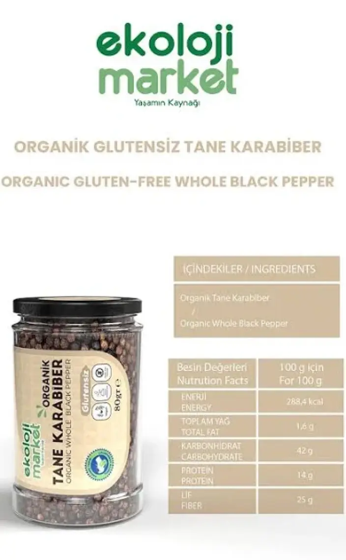 Ekoloji Market  Glutensiz Tane Karabiber 80 gr /  Gluten-Free Whole Black Pepper 80 gr