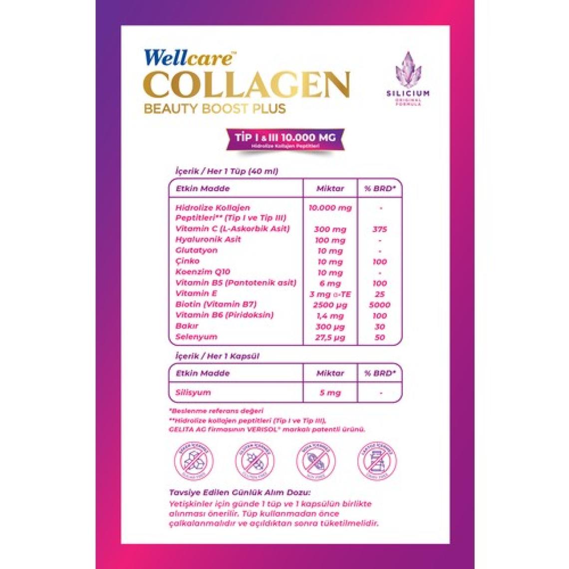 Wellcare Collagen Beauty Boost Plus 10.000 mg Frenk Üzümü & Portakal Aromalı Likit Form - 30 Tüp & 30 Silisyum Kapsül
