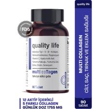 Quality Life Multi Collagen 90 Tablet - Tip 1, Tip 2, Tip 3, Tip 5, Tip 10 Kolajen, Msm, Magnezyum, C Vitamini, Yumurta Kabuğu Zarı, Çinko ,Selenyum, Biotin, Tip 5 Kolajen