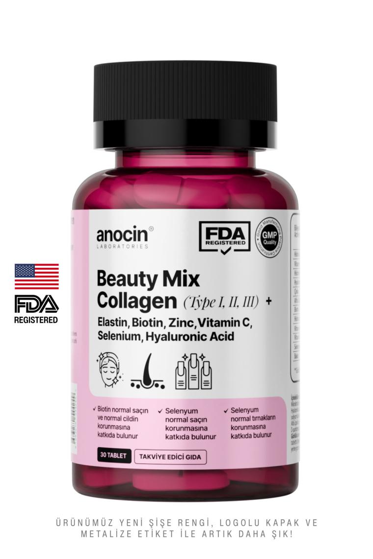 anocin Beauty Mix Collagen Tip I,ıı,ııı +Elastin,biotin,zinc, Vitamin C, Selenyum, Hyaluronic Acid, Kolajen güzellik