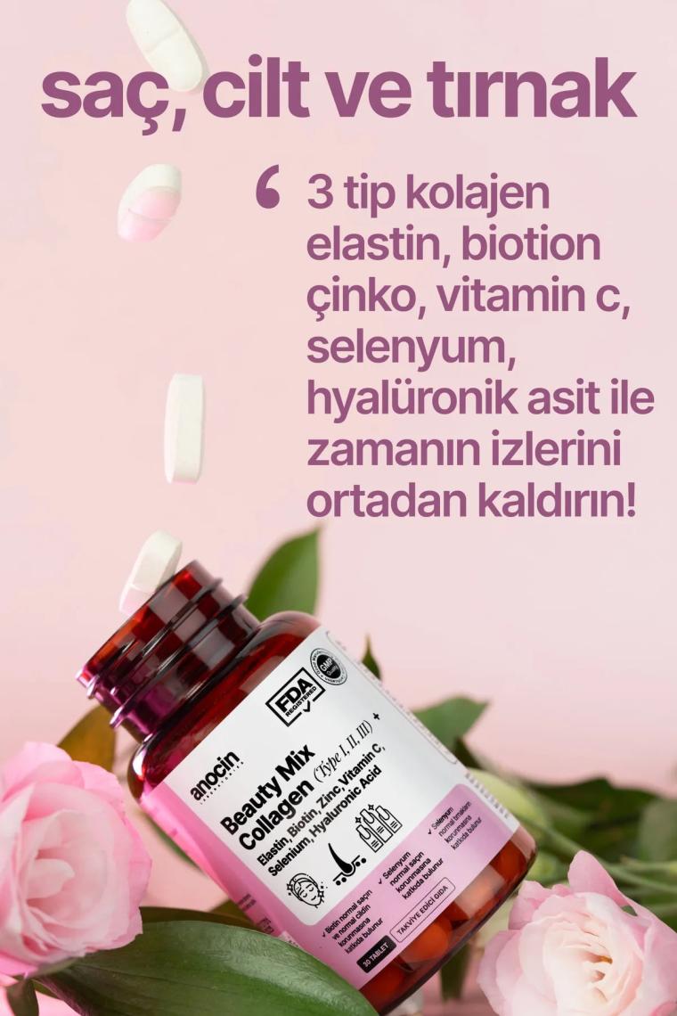 anocin Beauty Mix Collagen Tip I,ıı,ııı +Elastin,biotin,zinc, Vitamin C, Selenyum, Hyaluronic Acid, Kolajen güzellik