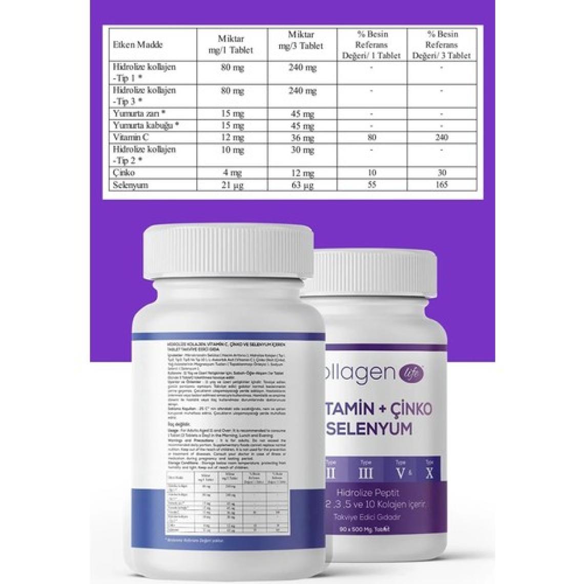 Collagen Life 2'li Fırsat; 5 Tip Kolajen Tip 1 Tip 2 Tip 3 Tip 5 Tip 10, Selenyum , C Vitamini ve Çinko 180 Tablet