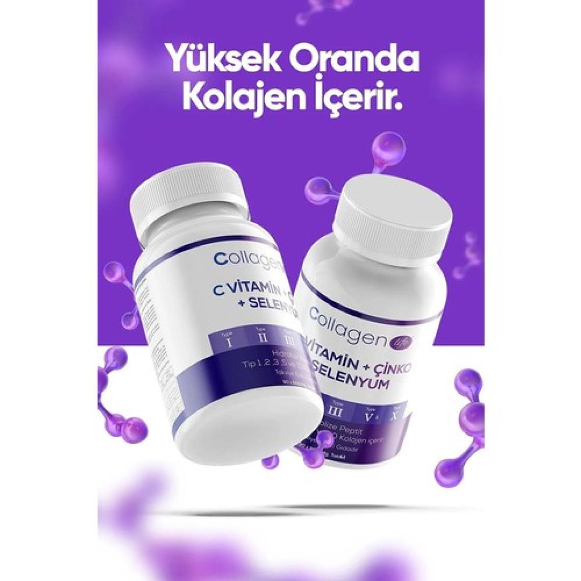 Collagen Life 2'li Fırsat; 5 Tip Kolajen Tip 1 Tip 2 Tip 3 Tip 5 Tip 10, Selenyum , C Vitamini ve Çinko 180 Tablet