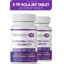 Collagen Life 2'li Fırsat; 5 Tip Kolajen Tip 1 Tip 2 Tip 3 Tip 5 Tip 10, Selenyum , C Vitamini ve Çinko 180 Tablet