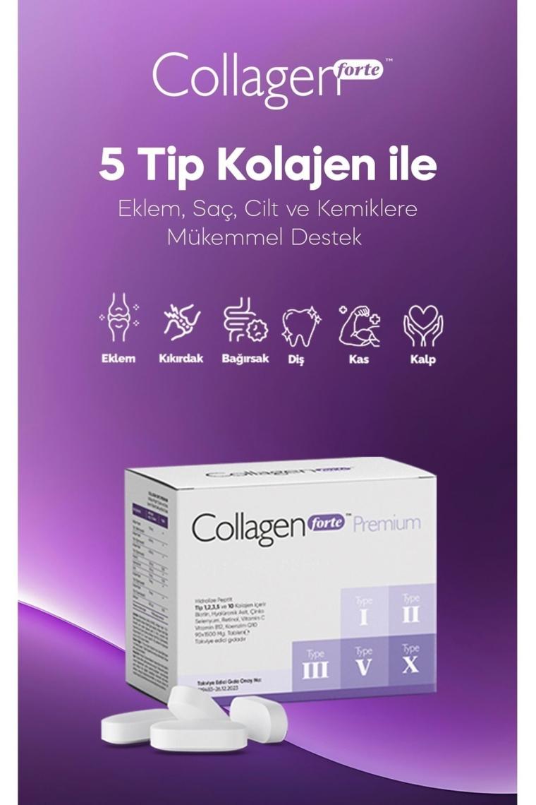 Collagen Forte Platinum Tip 1,2,3,5 ve Tip 10 Kolajen, Hyalüronik Asit, Çinko, Selenyum & Vitamin C, 90 Tablet
