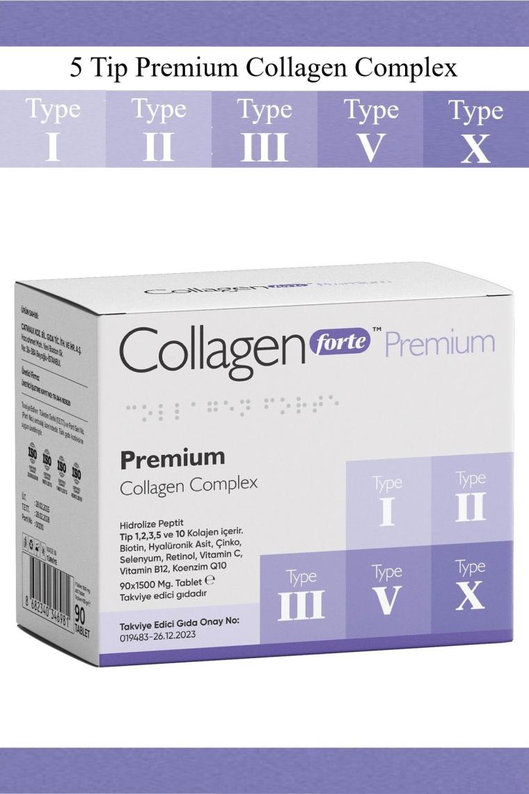 Collagen Forte Platinum Tip 1,2,3,5 ve Tip 10 Kolajen, Hyalüronik Asit, Çinko, Selenyum & Vitamin C, 90 Tablet