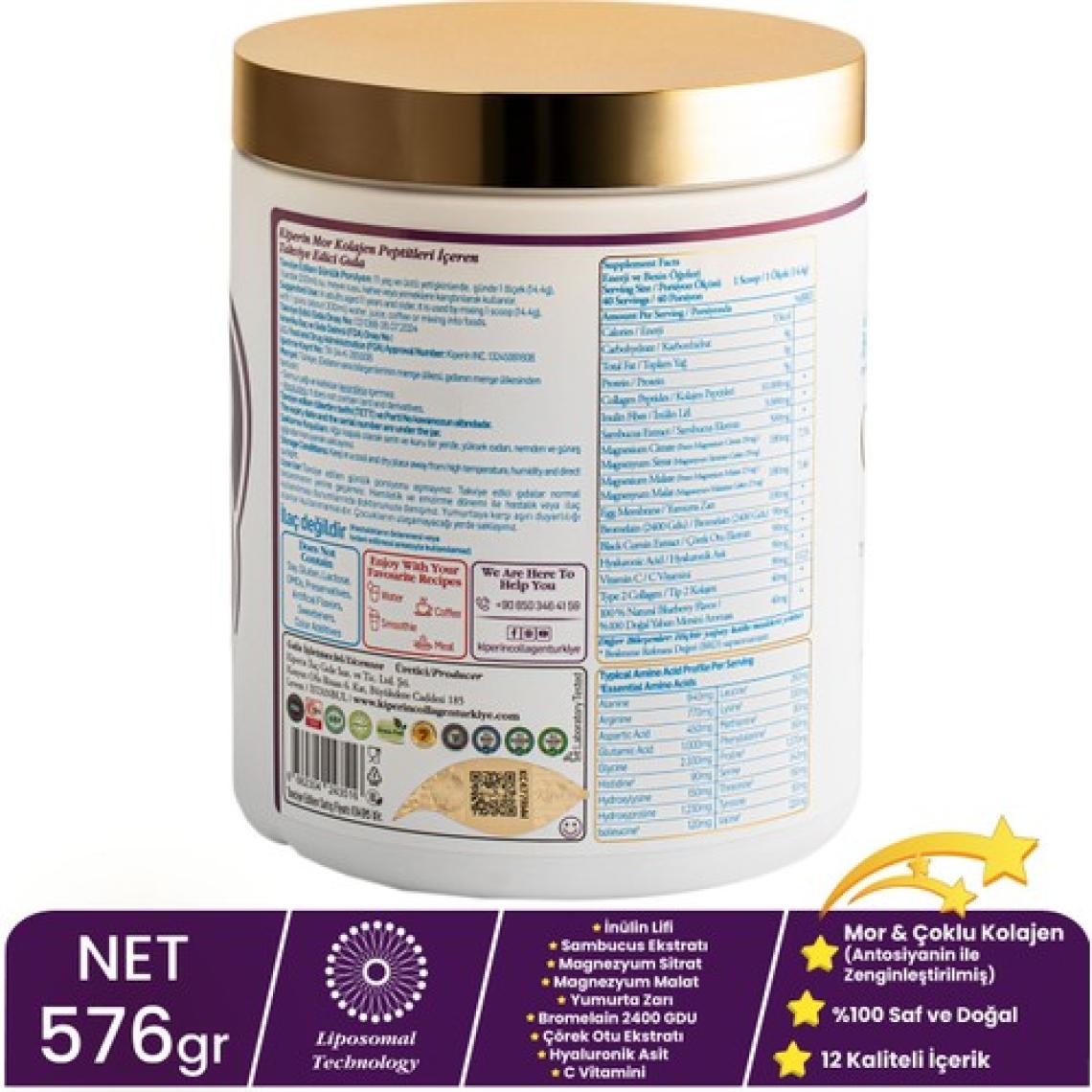 Kiperin %100 Saf ve Doğal Mor & Çoklu Kolajen Peptitleri içeren Lipozomal Teknoloji Diyet Takviyesi (576 gr)