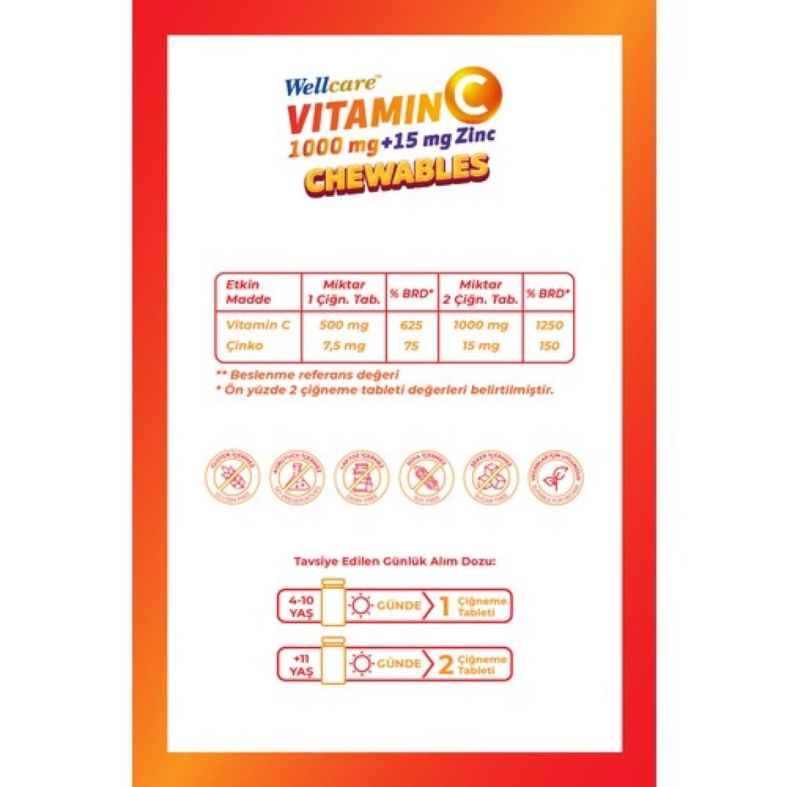 Wellcare Vitamin C 1000 mg - 15 mg Çinko 60 Çiğneme Tableti