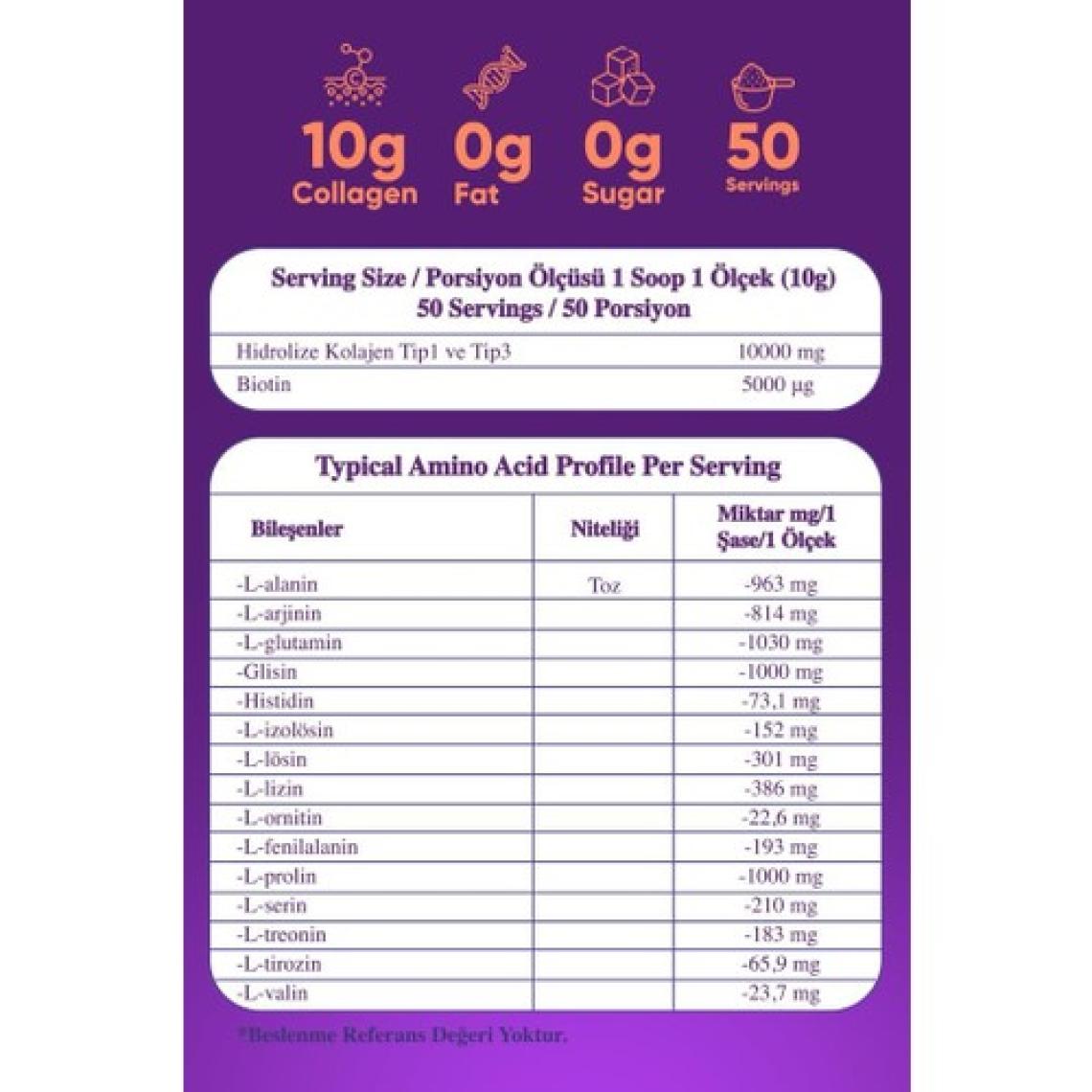 Collagen Life %100 Hidrolize Kolajen Peptitler Biotin ve 15 Amino Asit İçeren Gıda Takviyesi 50 Günlük