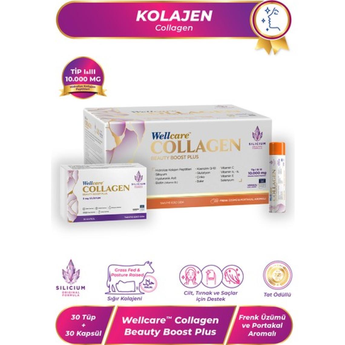 Wellcare Collagen Beauty Boost Plus 10.000 mg Frenk Üzümü & Portakal Aromalı Likit Form - 30 Tüp & 30 Silisyum Kapsül