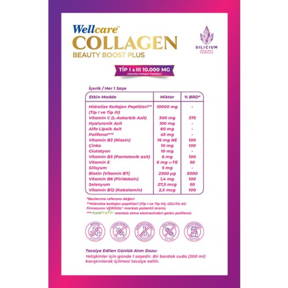 Wellcare Collagen Beauty Boost Plus Tip I & III 10.000 mg Elma Aromalı 30 Saşe