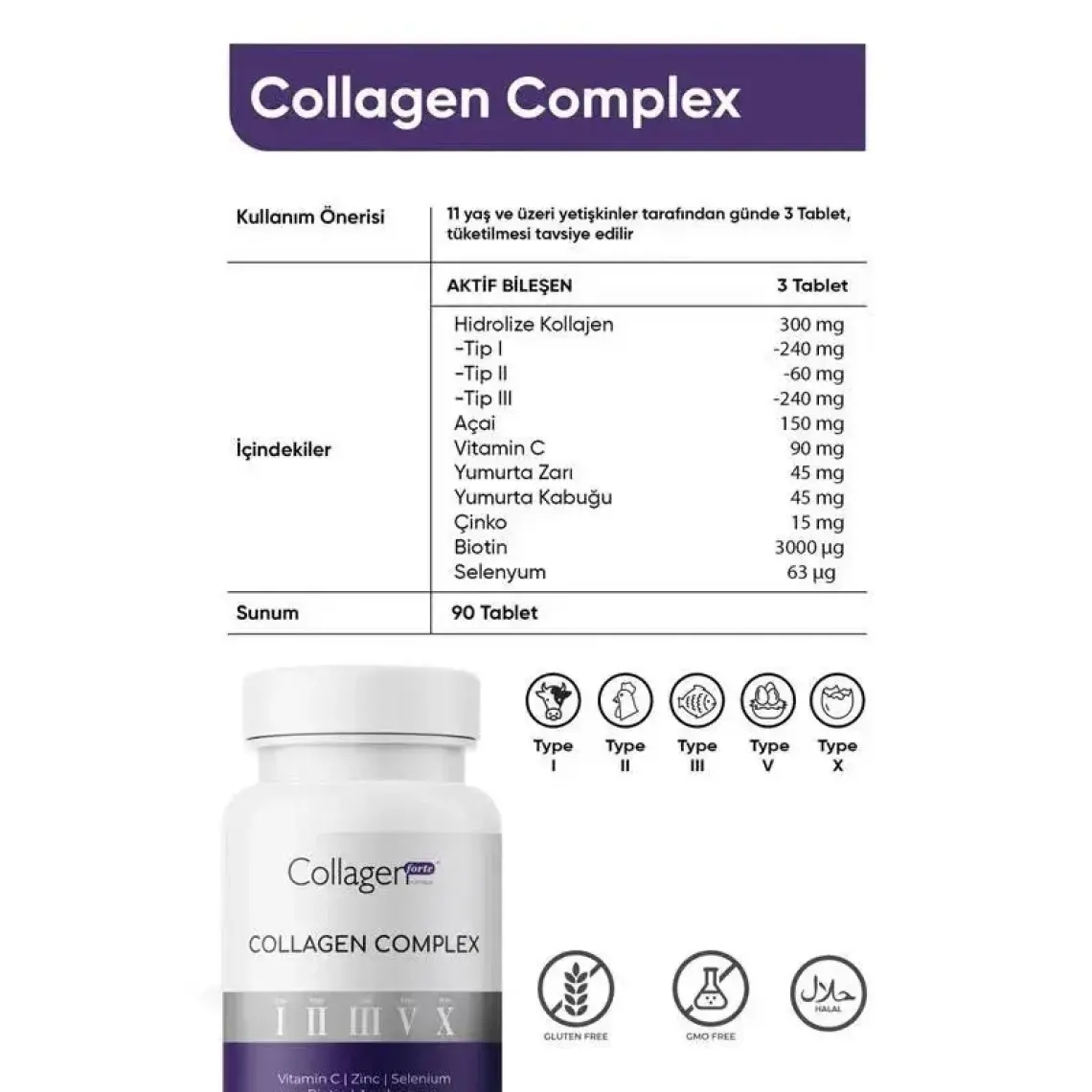 Collagen Forte Platinum Collagen Complex Tip 1,2,3,5 ve Tip 10 Kolajen, Biotin, Çinko, Selenyum, Vitamin C & Açai, 90 Tablet
