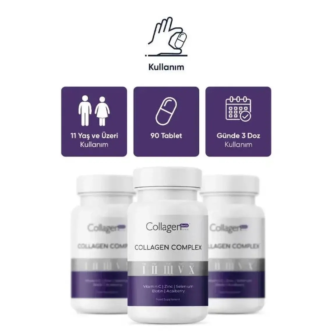 Collagen Forte Platinum Collagen Complex Tip 1,2,3,5 ve Tip 10 Kolajen, Biotin, Çinko, Selenyum, Vitamin C & Açai, 90 Tablet