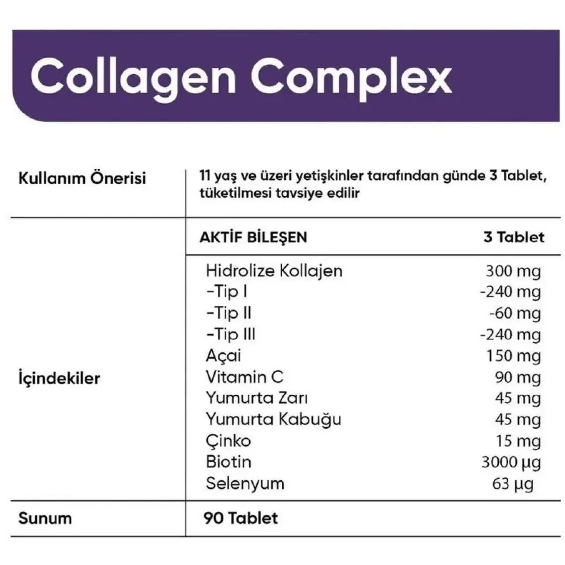 Collagen Forte Platinum Collagen Complex Tip 1,2,3,5 ve Tip 10 Kolajen, Biotin, Çinko, Selenyum, Vitamin C & Açai, 90 Tablet
