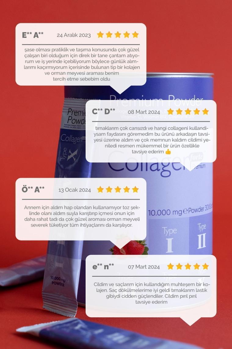 Collagen Forte Platinum Premium Powder (Toz) 5 Tip Kolajen 10.000 mg x 30 Şase, Orman Meyveli Aroma